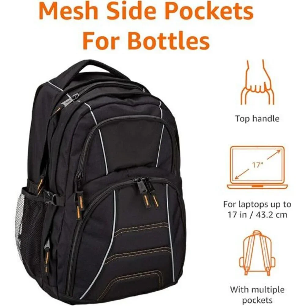 Basics Black Laptop Backpack Fits 17 Inch Travel School Work Bag Organizer